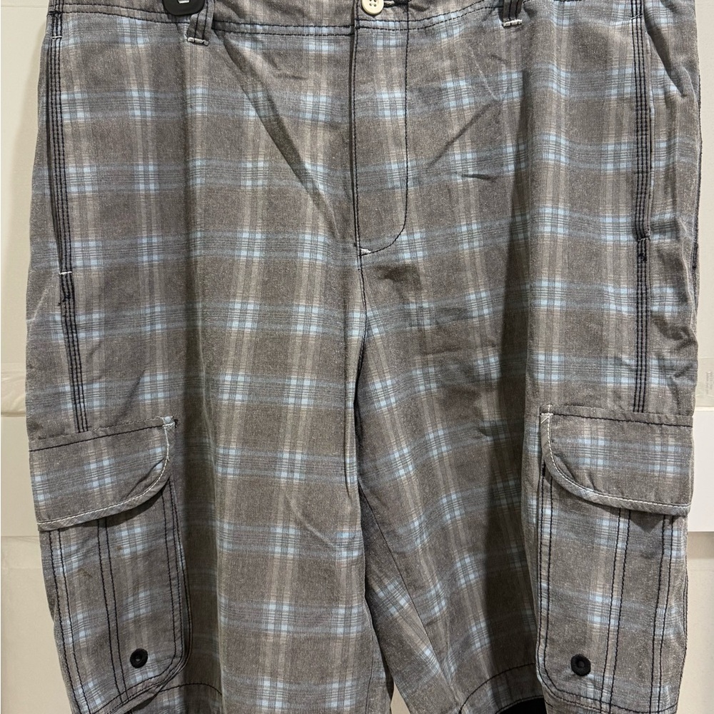 Tommy Bahama- Gray and Blue Plaid Cargo Shorts